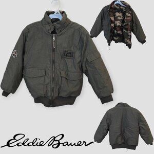 Vintage Eddie Bauer Green Bomber Coat Jacket Full Zip Camoflauge Kids 8